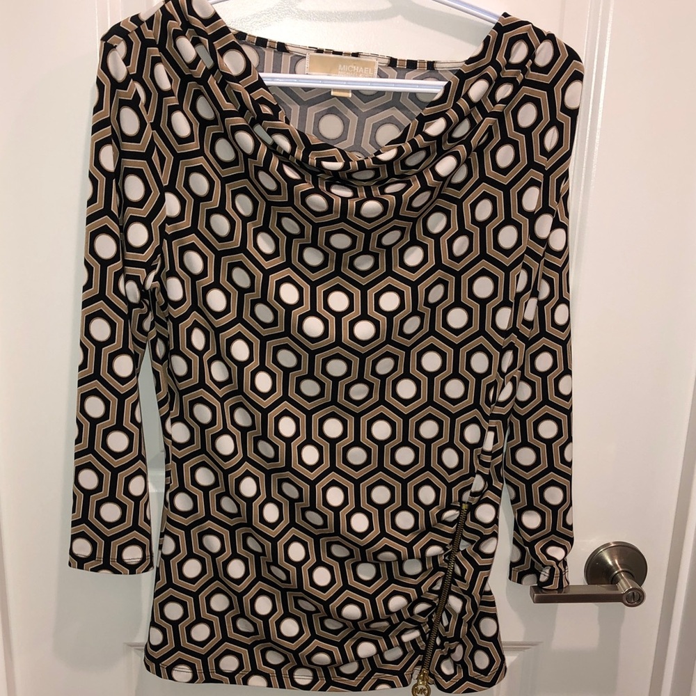Michael Kors Black, Beige & White Geometric Cowl-Neck Top